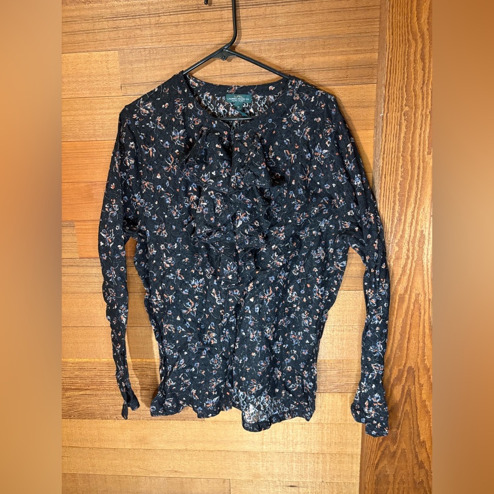 LRL Lauren Jeans Co. Ralph Lauren Black Floral Lace Ruffle Blouse – Size 3X